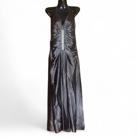 Jessica McClintock Gunmetal Vintage Halter Jeweled Detail Gown Sz12 - Picture 2 of 8